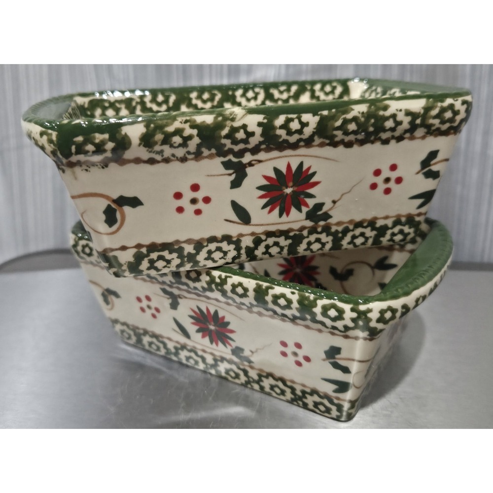 Temptations "Old World Holiday" Mini Loaf Pans Stoneware Non Stick 12oz‎ Set/2